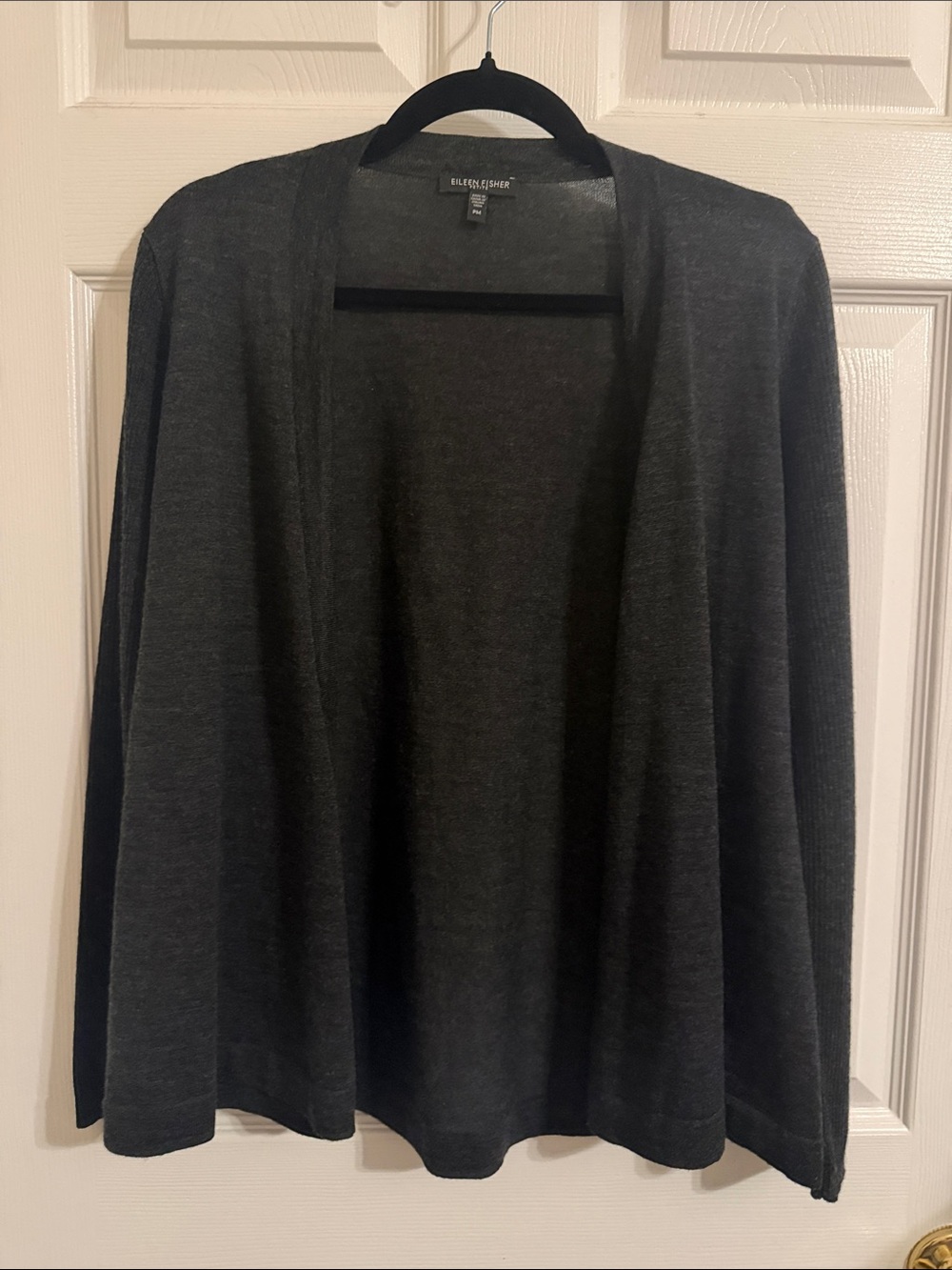 Eileen Fisher Open Front Cardigan 100% Merino Wool Sz Medium Petite Dark Gray